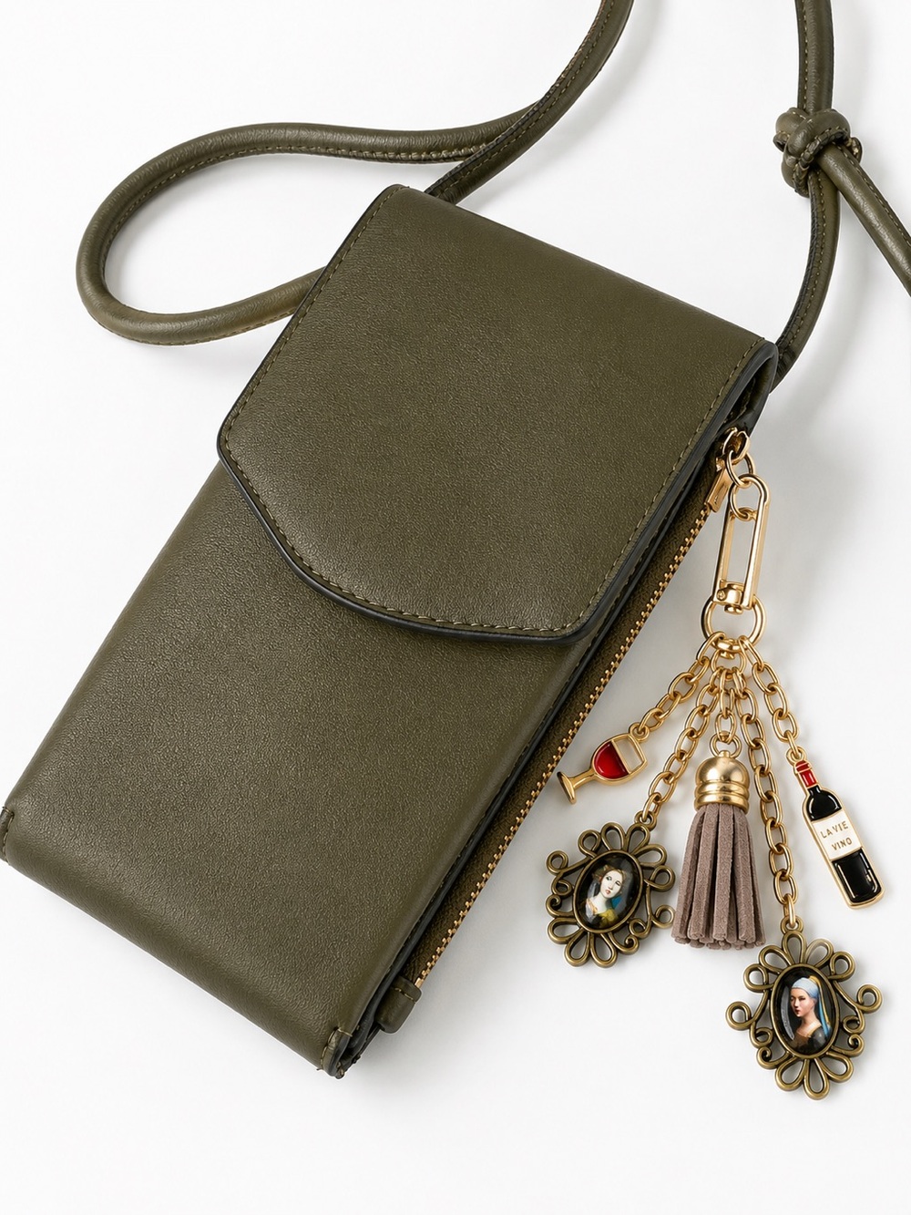 Olive Green Cell Phone Crossbody Bag Victorian Art Gold Bag Charm Luxury

cell p